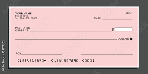 Blank bank cheque. Personal checkbook template empty field to fill. Vector