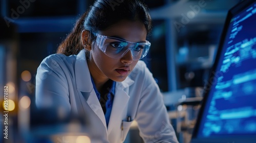 Focused Scientist in Lab Examining Data on Computer Screen.