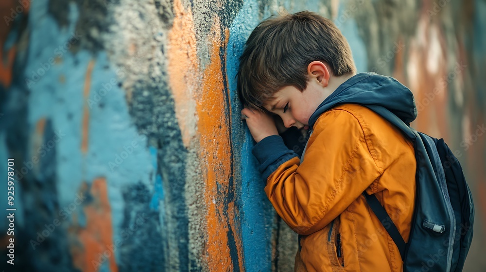 Obraz premium A young boy wearing an orange jacket with his head down, leaning against a graffiti-covered wall, feeling sad and alone.
