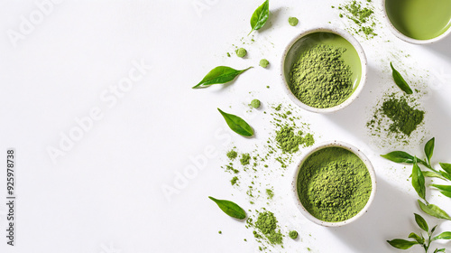 Wallpaper Mural Matcha Green Tea Powder and Leaves on White Background Torontodigital.ca