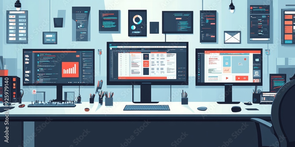 Detailed view of a digital workspace with multiple screens, apps, and productivity tools, showcasing the modern digital lifestyle and efficiency Detailed view of a digital workspace with multiple screens, apps, and productivity tools, showcasing the modern digital lifestyle and efficiency