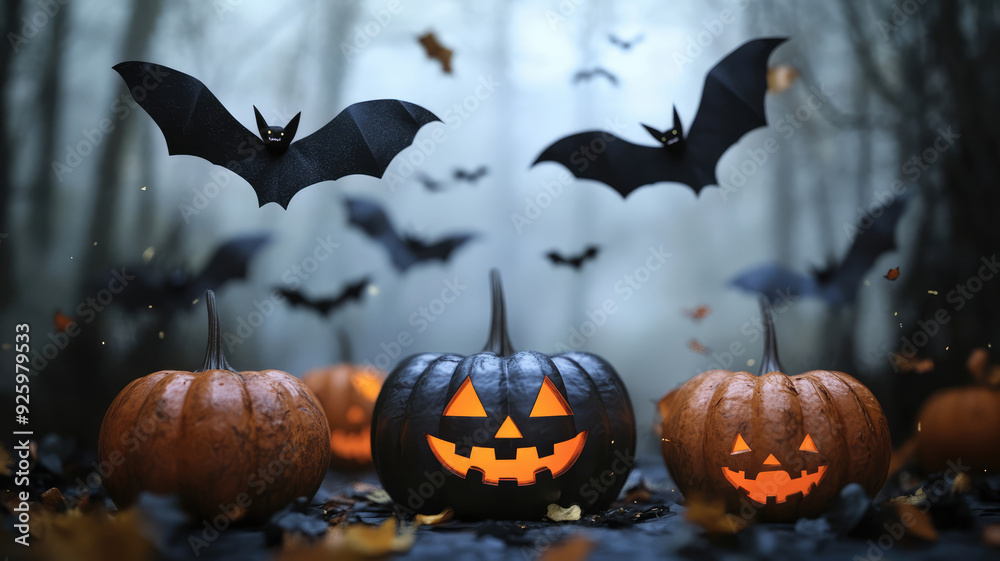 Naklejka premium a halloween scene with pumpkins and bats, detailed and intricate image