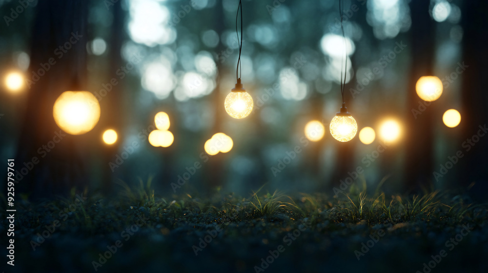 A magical scene of glowing light bulbs hanging amidst a forest, casting a warm, ethereal glow in the evening mist, evoking a sense of wonder and enchantment. A magical scene of glowing light bulbs hanging amidst a forest, casting a warm, ethereal glow in the evening mist, evoking a sense of wonder and enchantment.