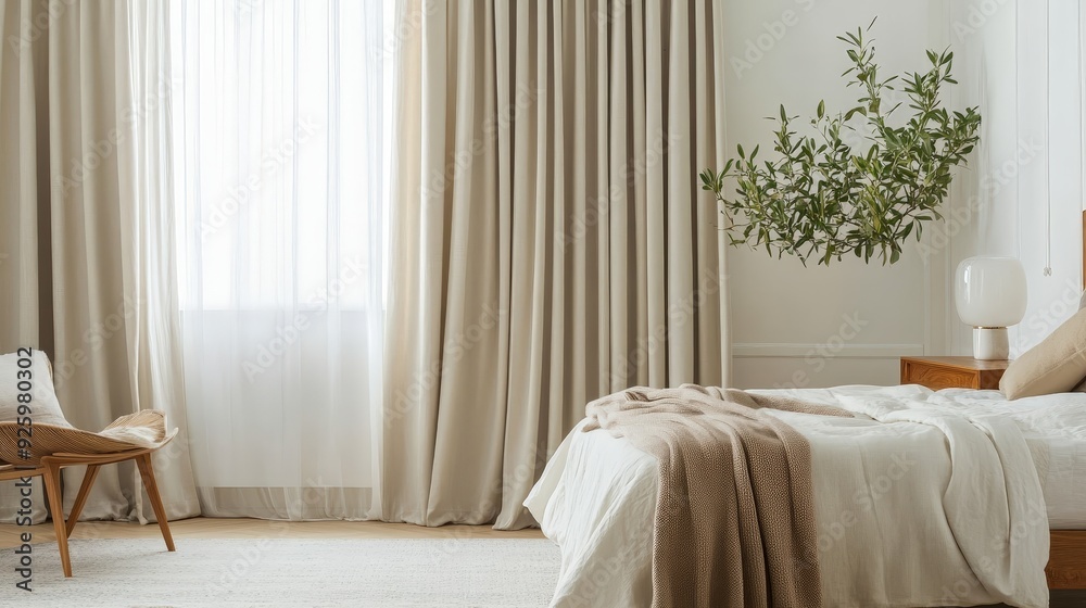 Minimalist Bedroom Interior with Beige Curtains, White Bed, and Wooden Chair.