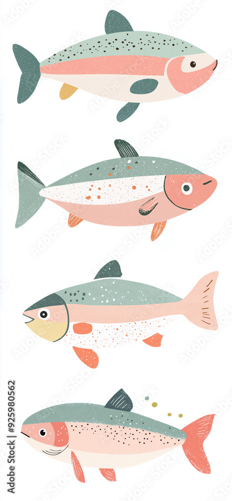 Naklejka premium Illustration of fish on a white background with various fish, including tuna, salmon, and a cartoon shark