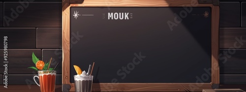 Empty Menu Board Prototype on a Bar Counter with Copy Space, Realistic Style on a Dark Wooden Background, Concept for Brand Identity. photo