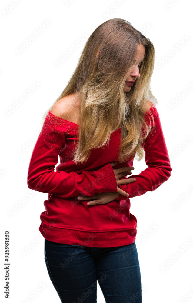 Young beautiful blonde woman wearing red sweater over isolated background with hand on stomach because nausea, painful disease feeling unwell. Ache concept. Young beautiful blonde woman wearing red sweater over isolated background with hand on stomach because nausea, painful disease feeling unwell. Ache concept.