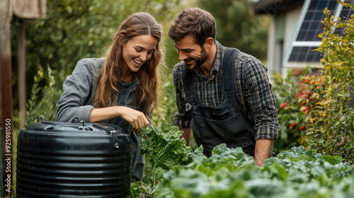 Couple Installing Rainwater Harvesting System in Sustainable Backyard photo