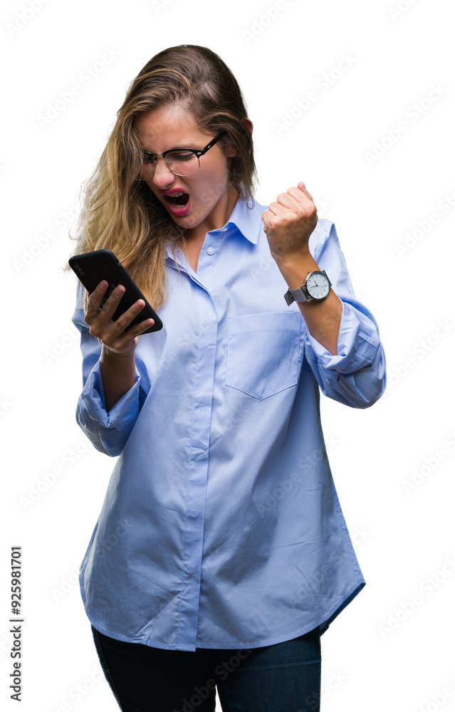 Young beautiful blonde business woman using smartphone over isolated background annoyed and frustrated shouting with anger, crazy and yelling with raised hand, anger concept Young beautiful blonde business woman using smartphone over isolated background annoyed and frustrated shouting with anger, crazy and yelling with raised hand, anger concept