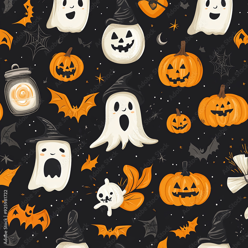 cute seamless pattern featuring Halloween themed items, clean lines made with generative AI cute seamless pattern featuring Halloween themed items, clean lines made with generative AI