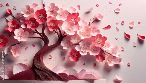 Cherry blossom,  Elegant 3D Paper Art of a Blossoming Cherry Tree with Falling Petals and vibrant Spring Pink and Red Tones on a Soft Background