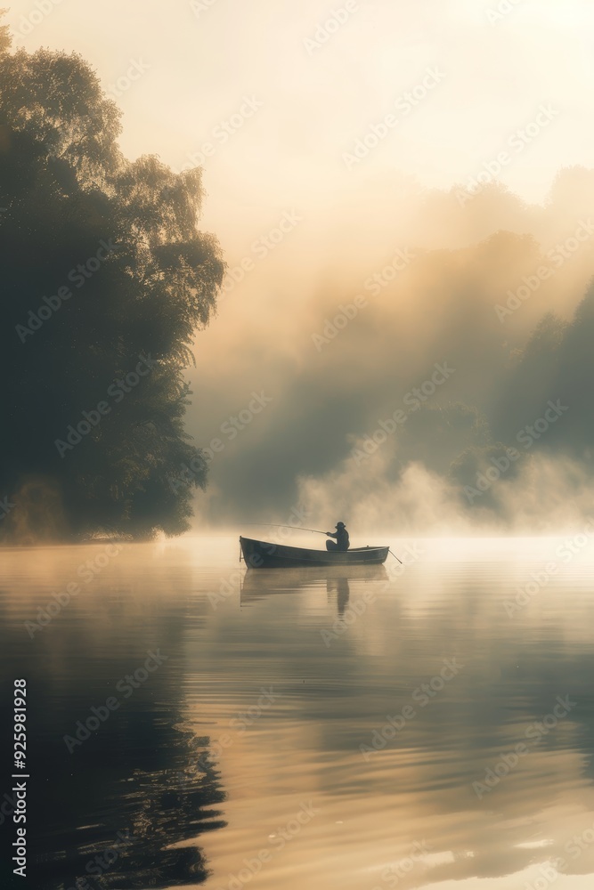 Serene Lake at Dawn with Mist and Lone Fisherman in Boat - Capturing Tranquility and Freedom Serene Lake at Dawn with Mist and Lone Fisherman in Boat - Capturing Tranquility and Freedom