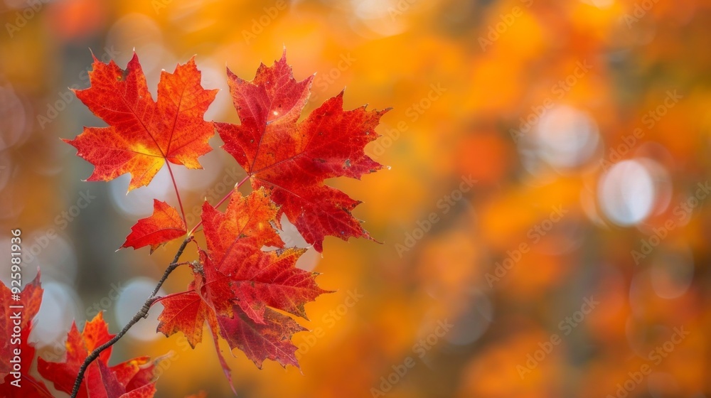 Red maple leaves contrast strikingly with a soft, blurred golden background, showcasing the beauty of autumn foliage in a serene outdoor setting Red maple leaves contrast strikingly with a soft, blurred golden background, showcasing the beauty of autumn foliage in a serene outdoor setting
