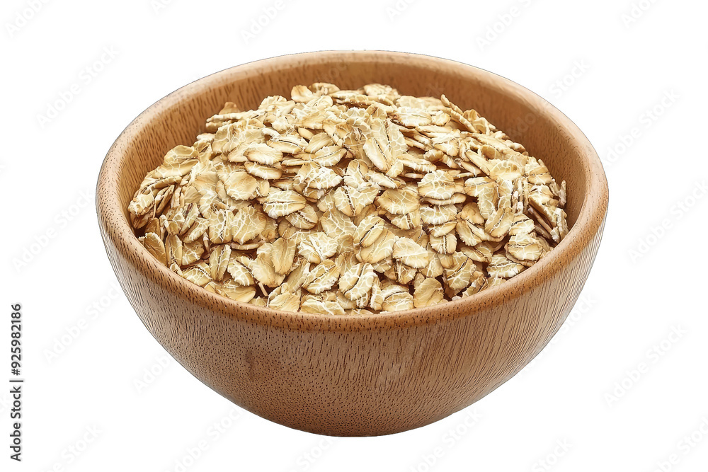 A close-up view of rolled oats in a wooden bowl, ideal for healthy breakfast recipes and nutrition-based content. A close-up view of rolled oats in a wooden bowl, ideal for healthy breakfast recipes and nutrition-based content.