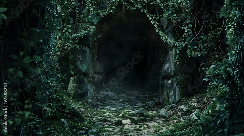 A hidden cave entrance covered with moss and vines, barely visible.