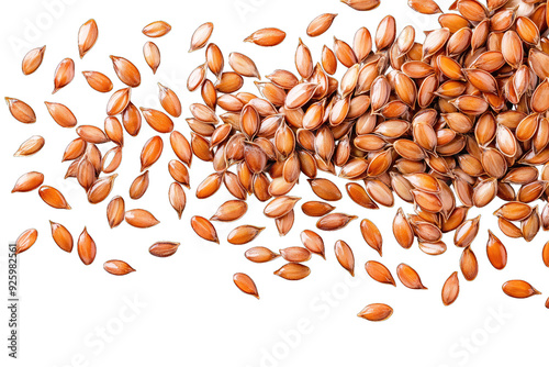 Close-up of scattered brown flax seeds on a white background, showcasing their natural texture and color for culinary use.