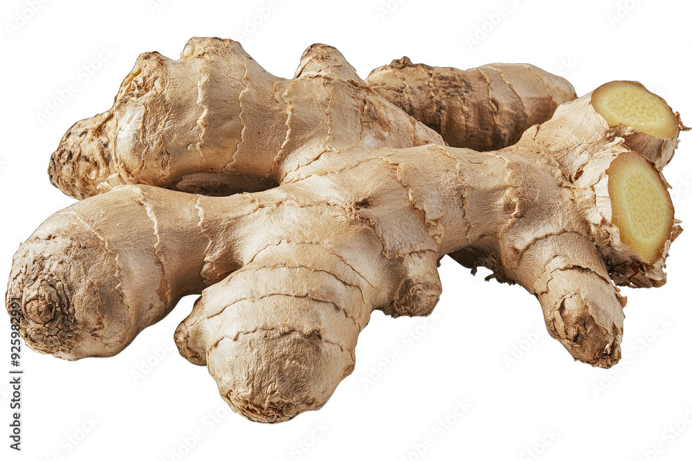 Fototapeta premium Fresh ginger roots with smooth skin and visible inner slices. Perfect for cooking, teas, and health remedies.