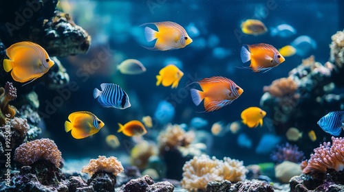Fototapeta Naklejka Na Ścianę i Meble -  Colorful fish swim among coral in a stunning home aquarium setup