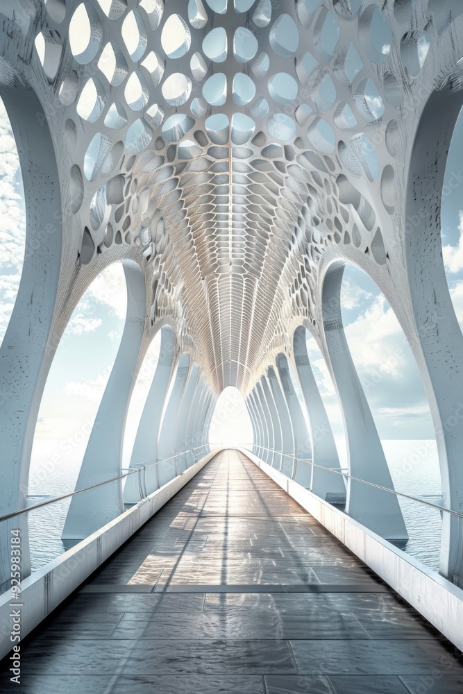 Obraz premium Futuristic architectural corridor with intricate geometric designs and a scenic view, showcasing modern innovation and creativity.