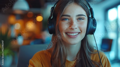 Smiling Customer Service Representative in Headphones Assisting Client on Computer in Office