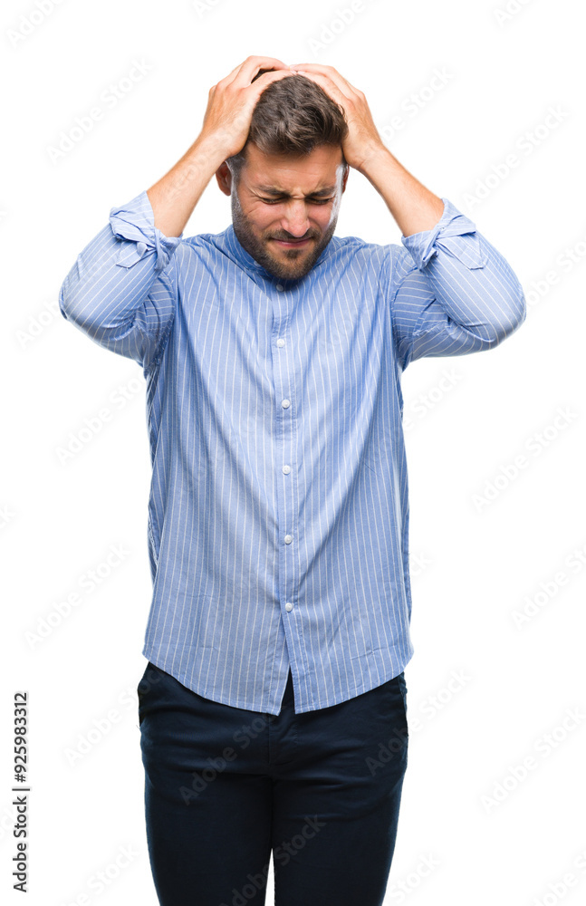 Young handsome man over isolated background suffering from headache desperate and stressed because pain and migraine. Hands on head. Young handsome man over isolated background suffering from headache desperate and stressed because pain and migraine. Hands on head.