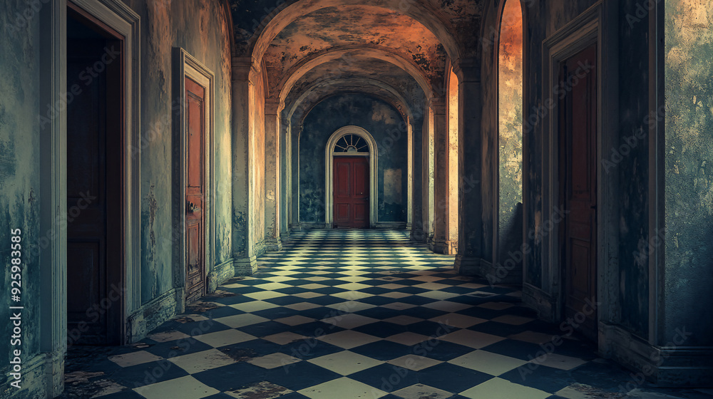 A decaying corridor in an abandoned mansion, with peeling walls and checkered flooring, bathed in soft light, evoking a haunting, nostalgic atmosphere. A decaying corridor in an abandoned mansion, with peeling walls and checkered flooring, bathed in soft light, evoking a haunting, nostalgic atmosphere.