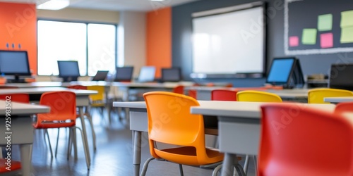 Close-up of a modern classroom with interactive whiteboards and student desks, showcasing a dynamic and engaging learning environment