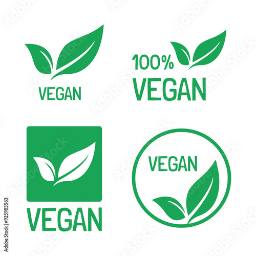 vegan icon set, vegetarian food, green leaf on white background