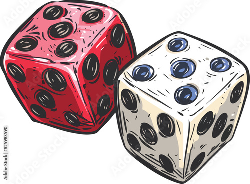 Playful cartoon-style illustration of two vintage game dice, hand-drawn with detailed textures and classic design, ideal for gaming and entertainment-themed graphics