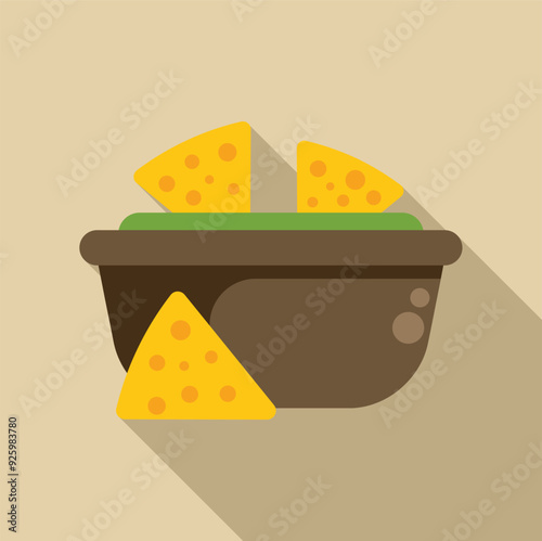 Bowl of guacamole dip with tortilla chips flat design icon with long shadow