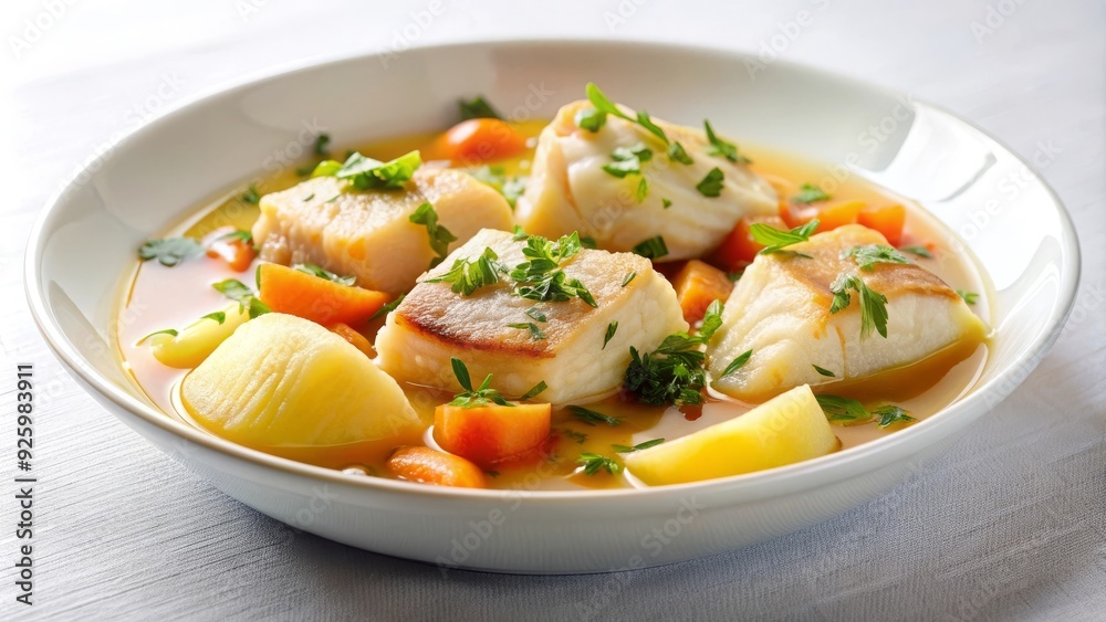 Guiso de pescado con papas y zanahorias servido en un plato blanco sobre un fondo claro. Un plato suave y reconfortante, ideal para una comida saludable en días fríos. Guiso de pescado con papas y zanahorias servido en un plato blanco sobre un fondo claro. Un plato suave y reconfortante, ideal para una comida saludable en días fríos.