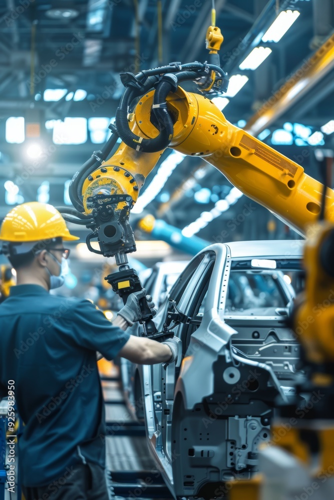 Engineer Guiding Robotic Arm in Modern Automotive Factory Assembly Line - Advanced Automation Systems Engineer Guiding Robotic Arm in Modern Automotive Factory Assembly Line - Advanced Automation Systems