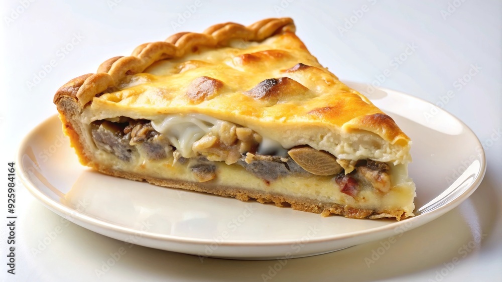 Rebanada de quiche de champiñones y queso, servida en un plato blanco sobre un fondo claro. Un plato suave y delicioso, ideal para un desayuno o almuerzo ligero. Rebanada de quiche de champiñones y queso, servida en un plato blanco sobre un fondo claro. Un plato suave y delicioso, ideal para un desayuno o almuerzo ligero.