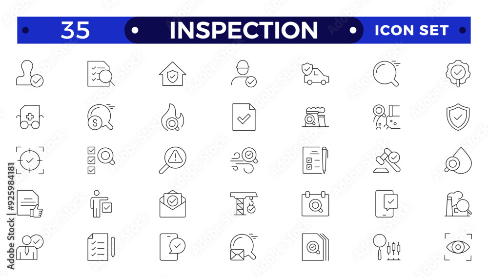 Inspection web icons set in thin line design. Pack of inspection, hire, calculation money, coaching, protection, cooperation, success, task, other outline stroke pictograms.
