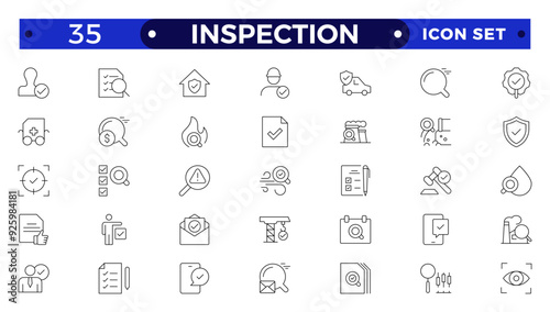 Inspection web icons set in thin line design. Pack of inspection, hire, calculation money, coaching, protection, cooperation, success, task, other outline stroke pictograms.