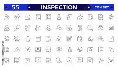 Inspection web icons set in thin line design. Pack of inspection, hire, calculation money, coaching, protection, cooperation, success, task, other outline stroke pictograms.