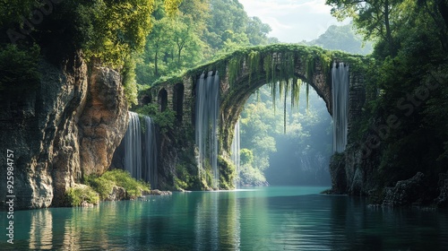 Ancient Stone Bridge with Waterfall and Lush Greenery.