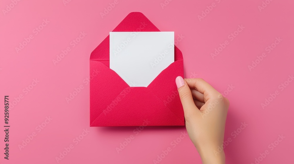 Woman's Hand Holding Red Envelope with White Card. Woman's Hand Holding Red Envelope with White Card.