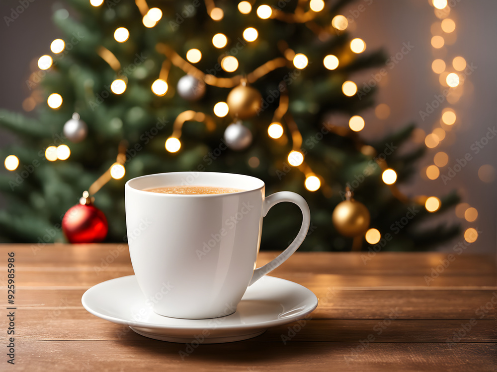 Stylish white cup on wooden table against stylish festive christmas tree with golden lights. Space for text. Cup mock up, christmas advertising product template Stylish white cup on wooden table against stylish festive christmas tree with golden lights. Space for text. Cup mock up, christmas advertising product template