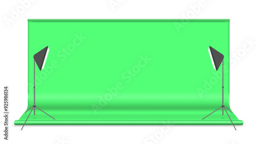 Green chromakey background with lighting elements. Front view, vector illustration.