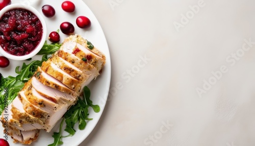 Pechuga de pavo asada servida con salsa de arándanos y rúcula sobre un plato blanco, presentado en un fondo claro. Un plato navideño elegante y delicioso, perfecto para compartir.