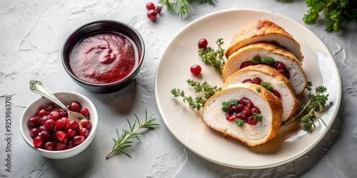 Pechuga de pavo asada en rodajas, acompañada de salsa de arándanos y hierbas frescas sobre un fondo claro. Un plato principal ideal para una comida festiva en familia