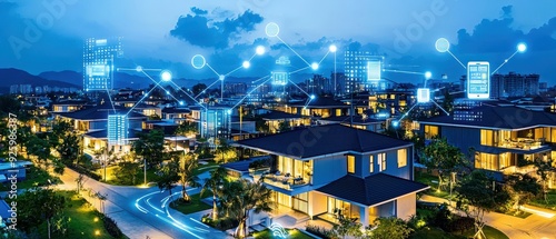 A futuristic smart city at night, showcasing illuminated homes and connectivity through advanced technology and networking features. photo