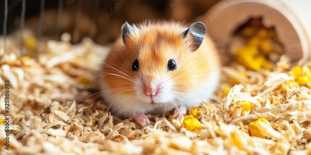 Macro shot of a pet hamster in a cozy cage with bedding and food, emphasizing the care and environment of small domestic animals Macro shot of a pet hamster in a cozy cage with bedding and food, emphasizing the care and environment of small domestic animals
