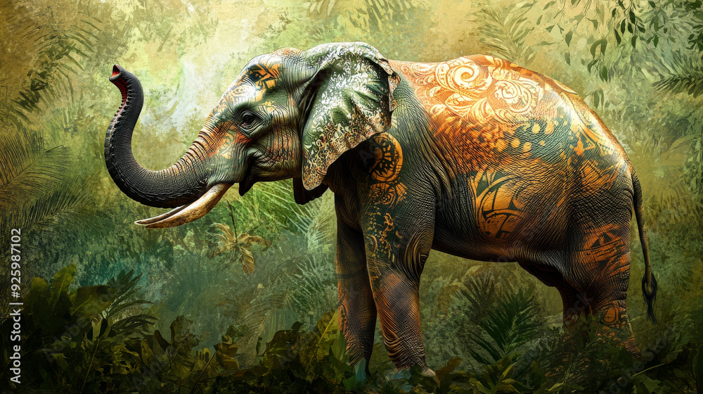 Fototapeta premium A majestic elephant stands in the lush green jungle, its trunk raised in greeting or curiosity. --ar 16:9 --v 6.1 Job ID: 9985d52e-eab7-4247-8250-05a06436c7fb