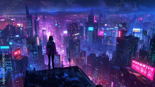 Stunning Urban Nightscape with Person Gazing Over Lit Cityscape - Perfect for Posters and Wallpapers