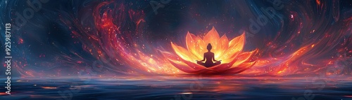 Silhouette of a meditating figure in a glowing lotus flower amidst a cosmic swirl representing inner peace, spiritual enlightenment, and cosmic energy