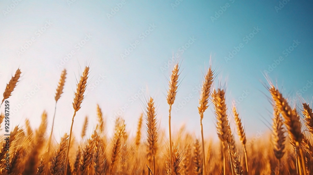 Golden Wheat Field at Sunset: A picturesque low-angle view of a ripe wheat field bathed in the warm, golden light of the setting sun against a clear blue sky. Golden Wheat Field at Sunset: A picturesque low-angle view of a ripe wheat field bathed in the warm, golden light of the setting sun against a clear blue sky.