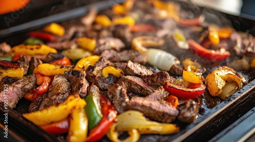 Closeup of grilled steak, peppers, and onions.