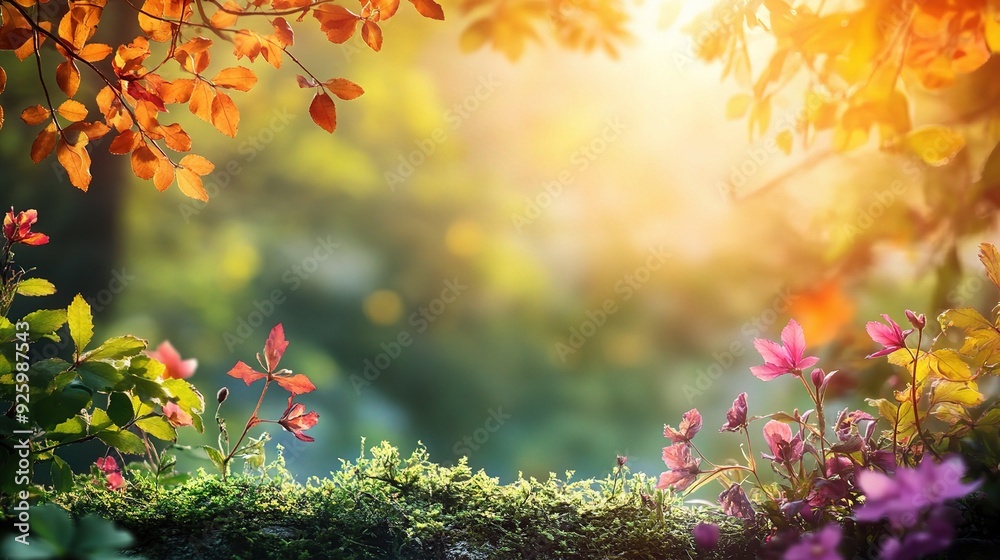Autumnal Frame: A vibrant, sun-kissed forest scene framed by autumn leaves and flowers. The warm hues of nature create a peaceful and inviting atmosphere. Perfect for nature-inspired designs. Autumnal Frame: A vibrant, sun-kissed forest scene framed by autumn leaves and flowers. The warm hues of nature create a peaceful and inviting atmosphere. Perfect for nature-inspired designs.